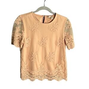 Forever 21 Peach Short Sleeve Blouse With Lace Overlay Round Neckline Size Small